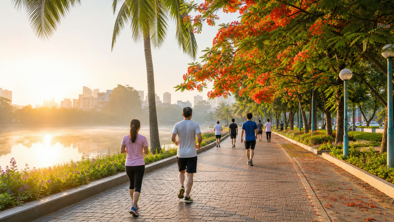Minh hoạ: đi bộ buổi sáng quanh hồ trong công viên — phần lợi ích lớn nhất nằm ở những nghìn bước đầu tiên. Ảnh minh hoạ do AI tạo.