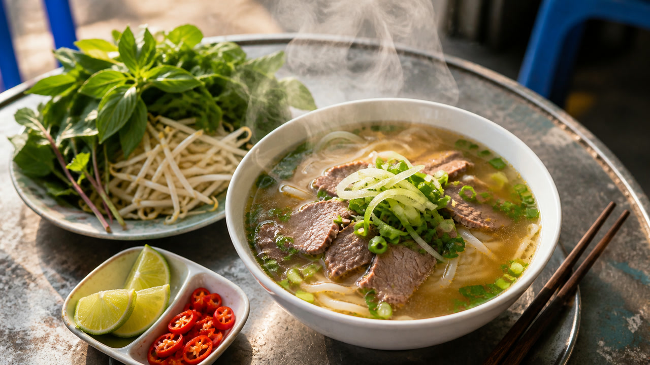 Tô phở nóng với đĩa rau sống bên cạnh. Ảnh minh hoạ do AI tạo.