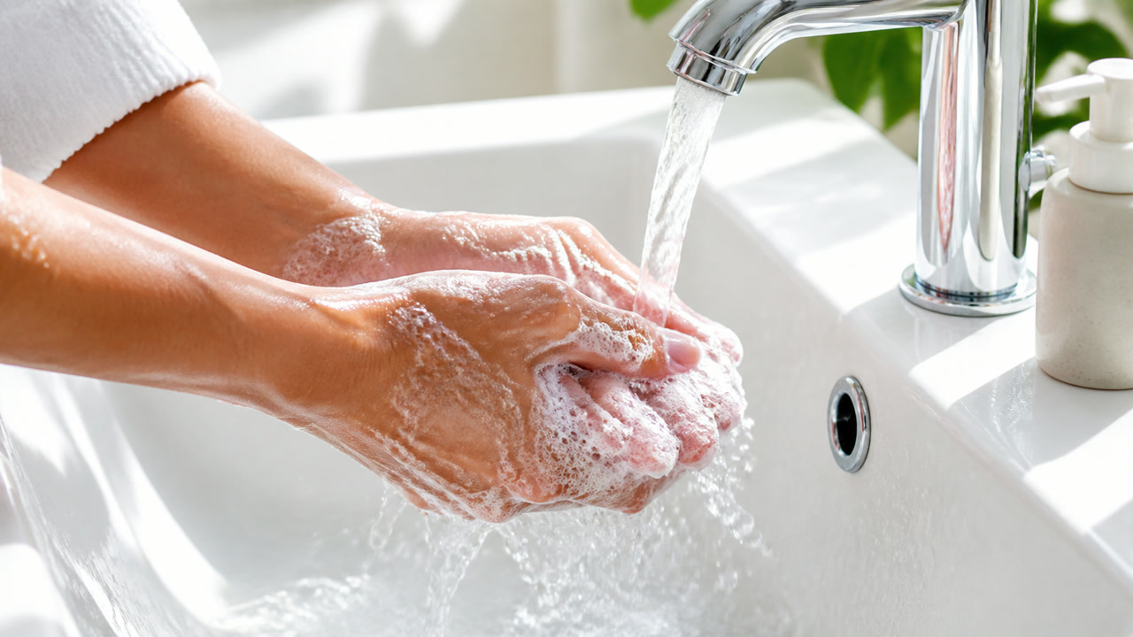 Bàn tay đang rửa dưới vòi nước với bọt xà phòng trong bồn rửa sáng sủa. Ảnh minh hoạ do AI tạo.