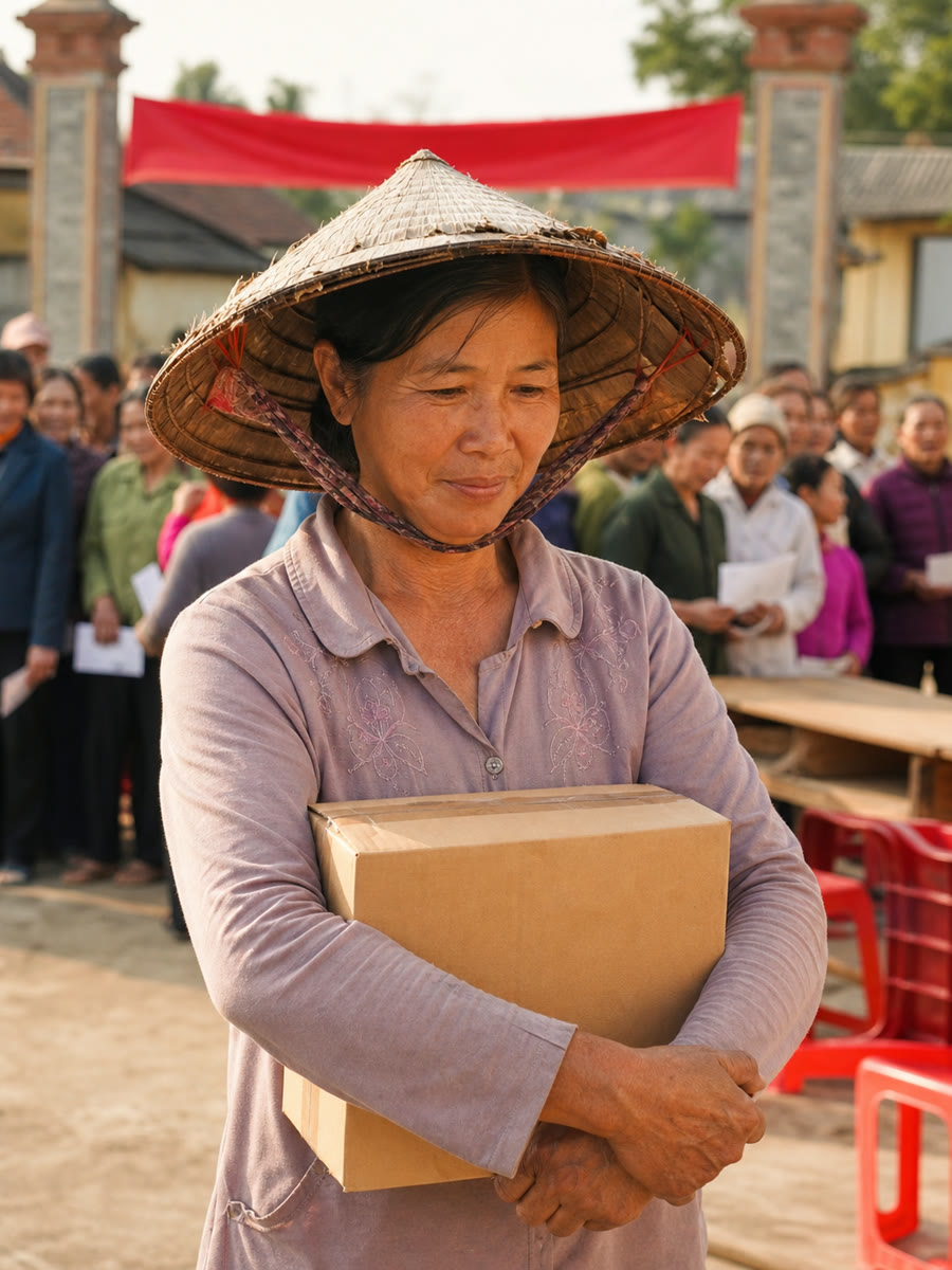 Buổi phát quà cuối năm ở sân nhà văn hoá thôn, bà chủ tài trợ bắt tôi ôm thùng quà đứng chụp ảnh đi chụp lại ba lần, rồi cầm micro nói trước cả sân rằng có thế mới có mà ăn