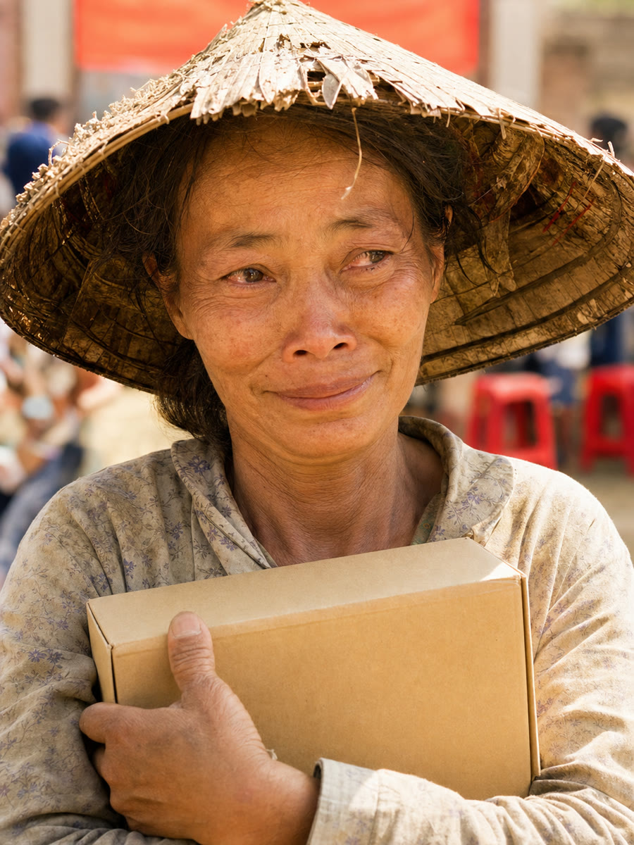 Buổi phát quà cuối năm ở sân nhà văn hoá thôn, bà chủ tài trợ bắt tôi ôm thùng quà đứng chụp ảnh đi chụp lại ba lần, rồi cầm micro nói trước cả sân rằng có thế mới có mà ăn