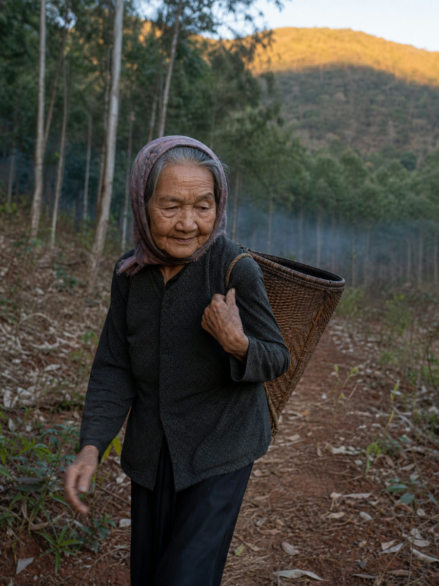 Bà cụ lẫn xách gùi lên rẫy hái măng lúc bốn giờ mười chiều — và bên kia sống núi trời đã mưa từ giữa trưa