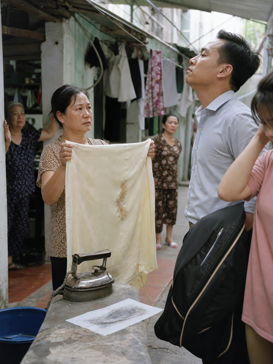 Cậu quản lý tiệm áo dài bắt tôi đền bộ lụa mười bốn triệu, rồi quay sang gặng con bé phụ việc tai nghễnh ngãng rằng mày có cắm điện bật thử cái bàn là không