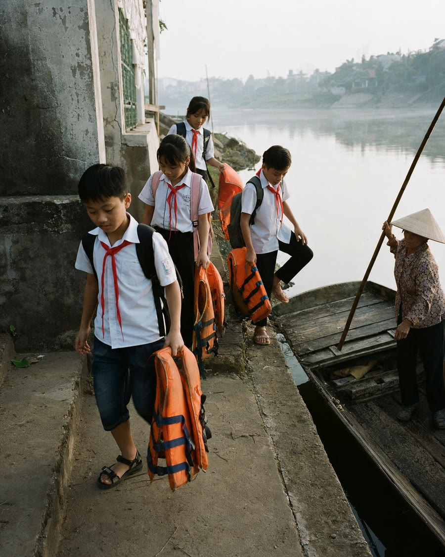 Học sinh xuống đò lúc sáu giờ mười lăm, đứa nào cũng cầm phao trước khi được nhắc.
