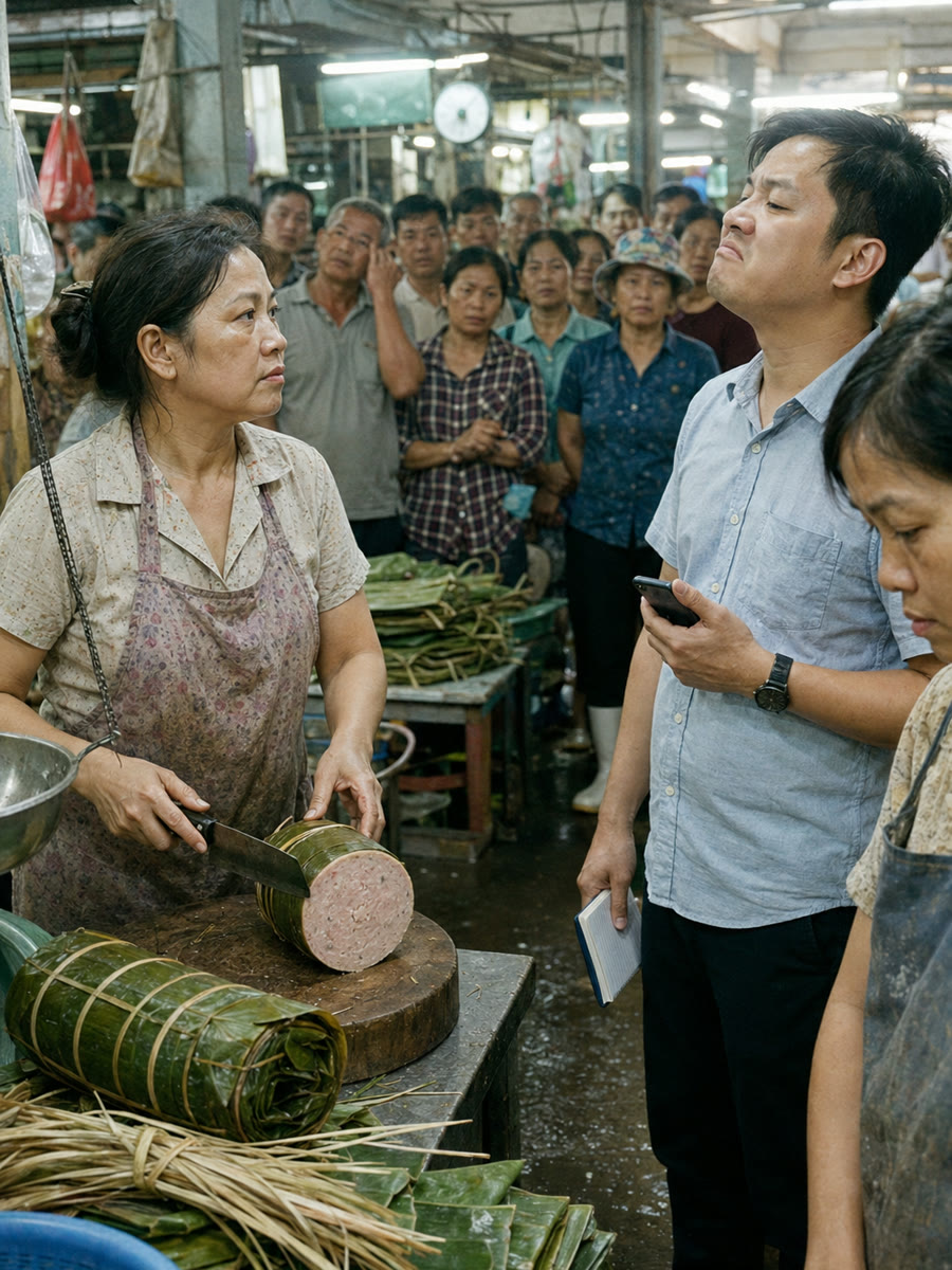 Cậu chủ vựa chặn giữa chợ bảo giò nhà tôi độn bột, và tôi xin cậu ấy cho tôi cắt một khoanh trước mặt cả chợ
