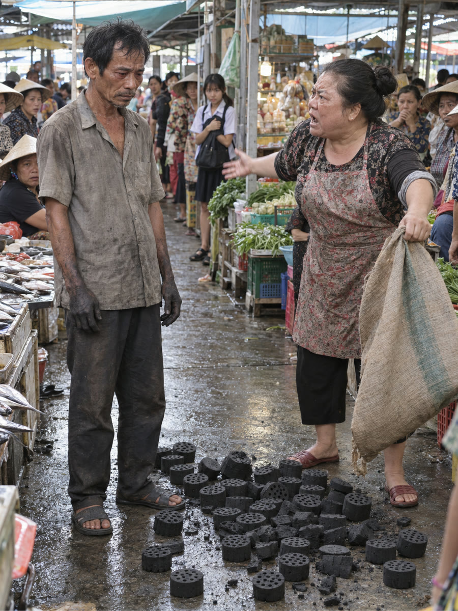 Cả chợ nghe bà chủ quán bún rao tôi trộn đất vào than, rồi bà hất cả bao than xuống chân tôi
