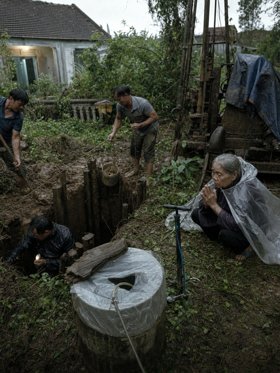 Tấm ván mục gãy lúc chín giờ hai mươi, bé trai năm tuổi tụt xuống ống bê tông sâu bảy mét và cả xóm lúc đó chỉ còn người già