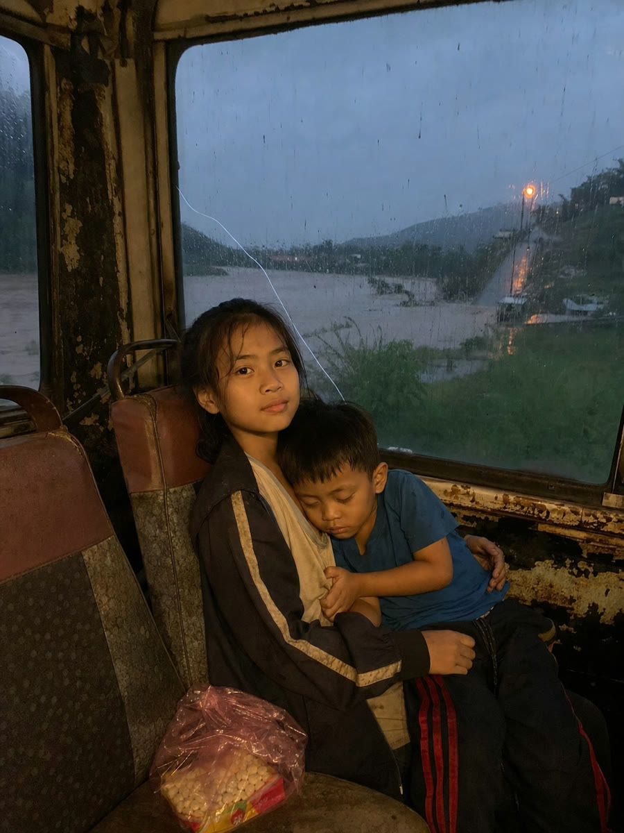 Hai chị em mắc kẹt trên nóc chiếc xe khách hỏng giữa dòng lũ đêm — và không một người lớn nào biết hai đứa đang ở đó