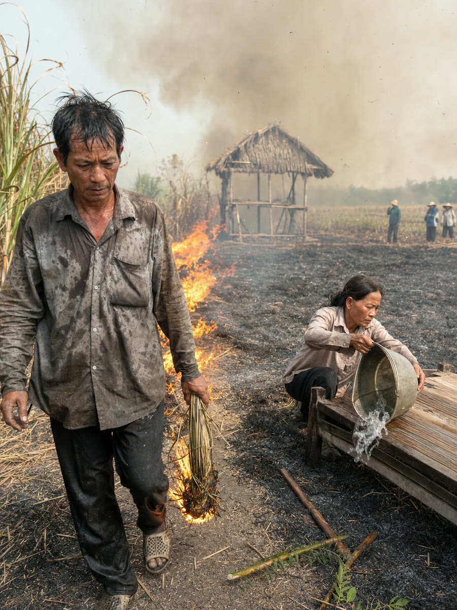 Người đàn ông liệt nửa người nằm trong chòi lá giữa rẫy mía khô, và lúc mười hai giờ mười lăm thì gió trở hướng