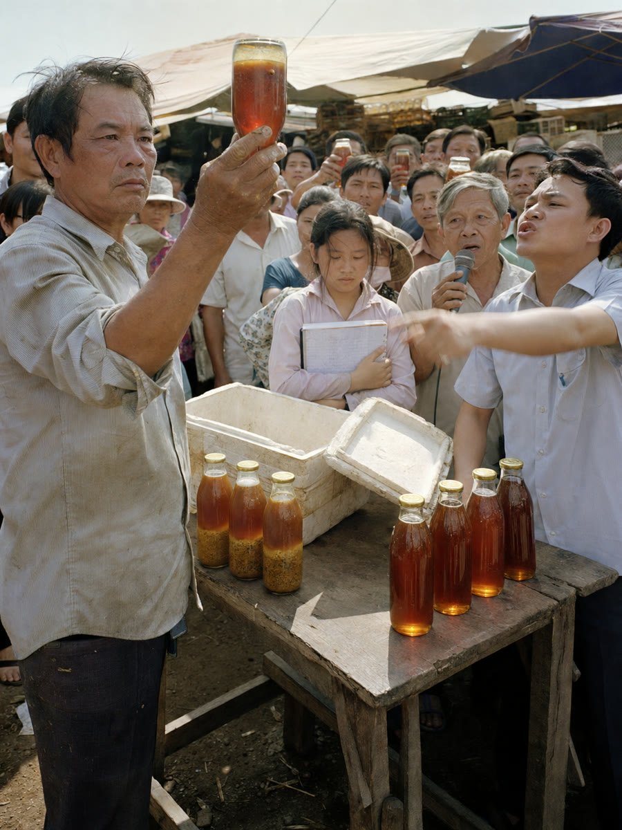 Cả phiên chợ bảo mật của tôi pha đường, con gái tôi cúi mặt — tôi xin họ dốc ngược chai lên đếm bọt
