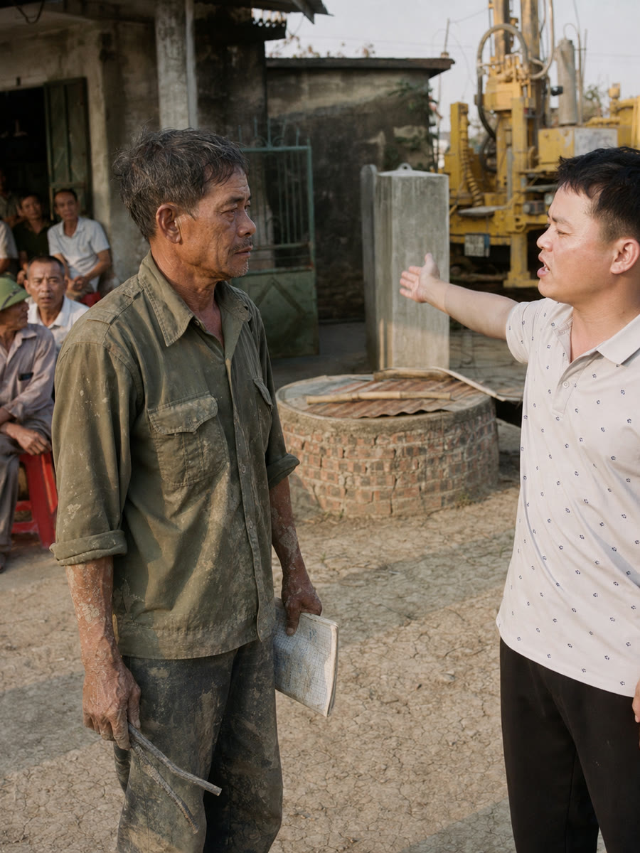 Cậu nhân viên bảo cái que dò nước của tôi trúng được mấy phần, tôi chỉ hỏi lại một câu là khoan xuống bao nhiêu mét