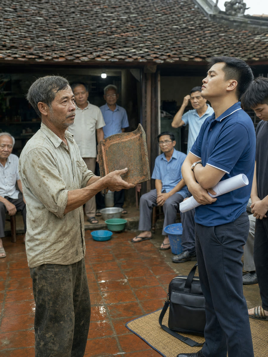 Cậu thầu trẻ bảo mái dột là tại phần tôi lợp ba mươi ba năm trước, rồi cậu ấy quay ra bắt thằng bé trông nhà thờ họ nhận lỗi thay, và đó là lúc tôi xin ba hôm