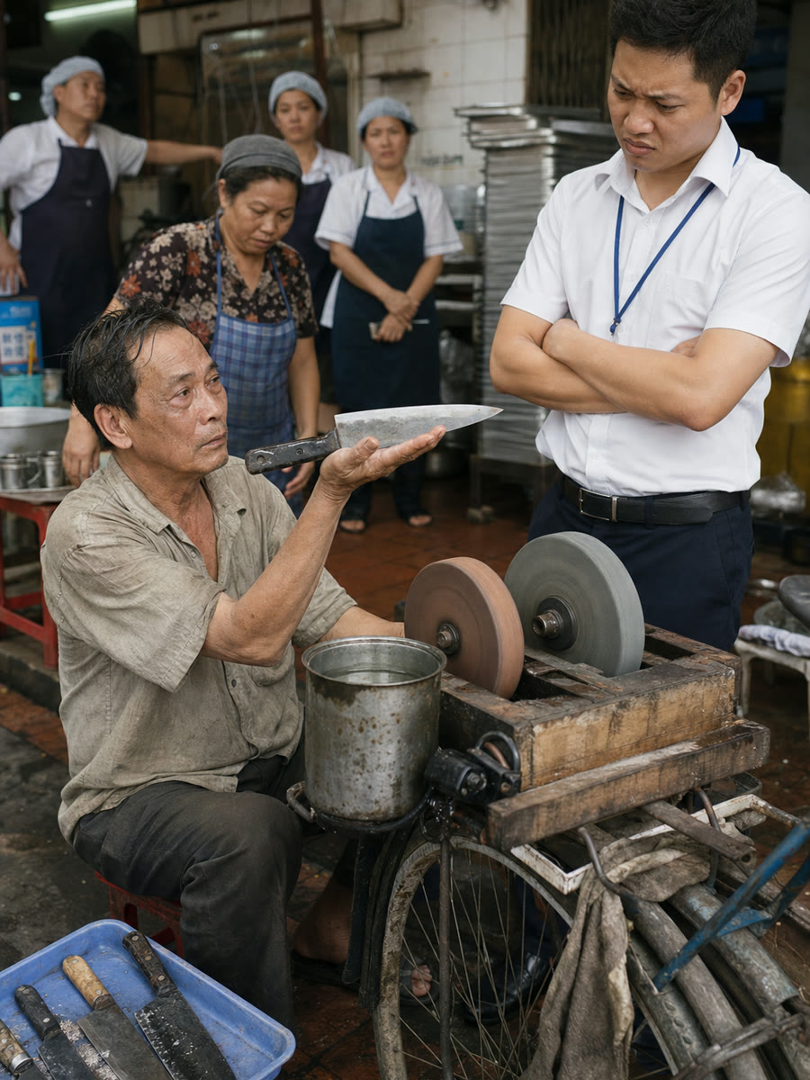 Cậu quản lý bếp bảo tôi mài tay là lỗi thời, rồi cậu ấy khoá bốn con dao mẻ vào kho gọi là bằng chứng để trừ lương chị phụ bếp