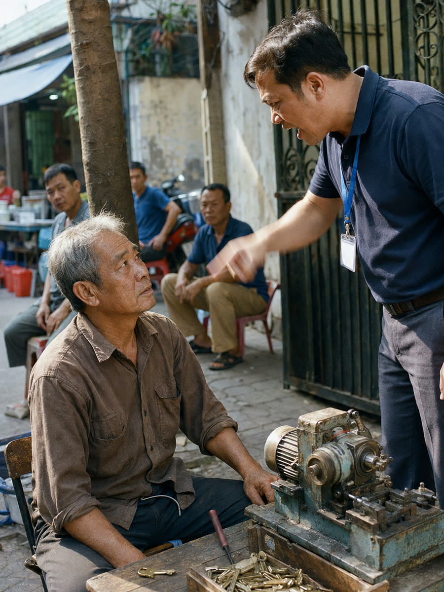 Ông thợ đánh chìa ngồi ngoài cổng bị quản lý toà nhà chỉ mặt giữa chợ sáng: "Chìa cho trộm vào nhà người ta là ông đánh chứ ai"
