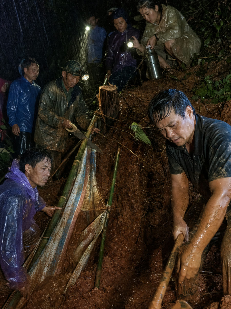 Vạt đất trên taluy đổ xuống lúc ba giờ mười, người đàn ông đi lấy măng bị vùi ngang ngực trên lối mòn không ai biết ông rẽ vào