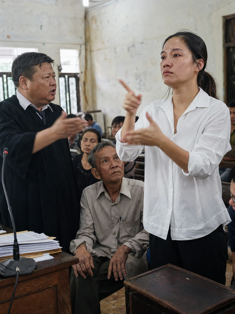 Giữa phiên toà ông luật sư hỏi tôi là ai mà ngồi đấy khoát tay mấy cái cũng được xếp ngang với người tham gia tố tụng