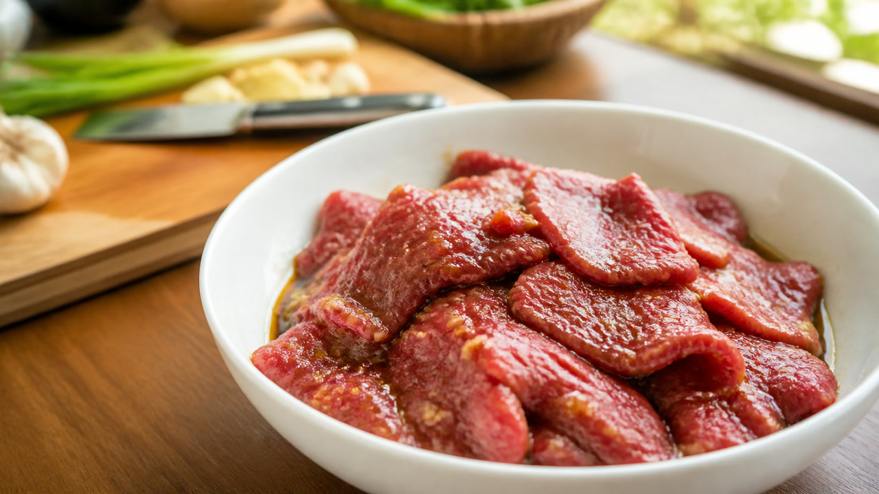 Thịt bò thái lát mỏng ngang thớ đang ướp trong bát sứ. Ảnh minh hoạ do AI tạo.