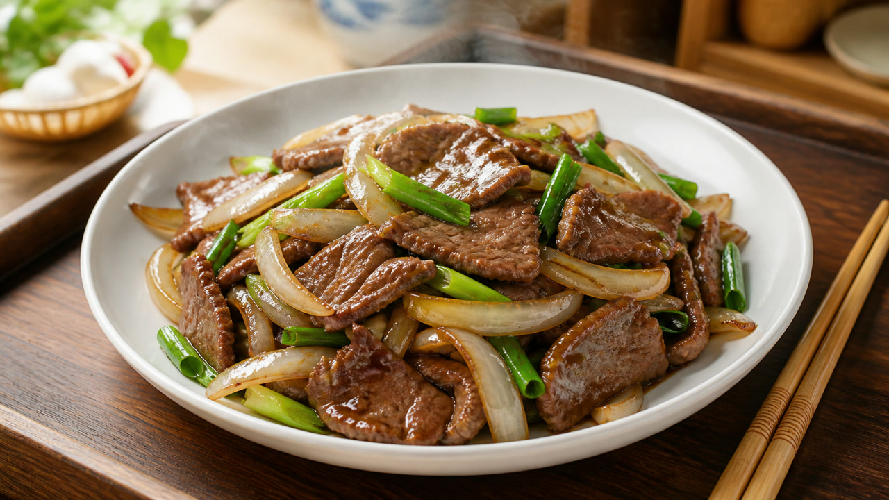 Đĩa bò xào hành tây bóng sốt, không đọng nước. Ảnh minh hoạ do AI tạo.