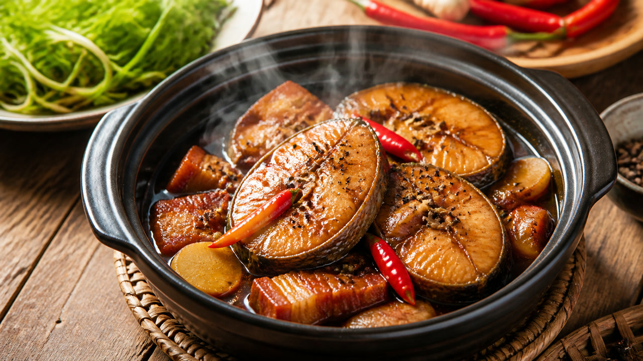 Cá kho tộ trong nồi đất, nước kho sánh nâu bám quanh khúc cá. Ảnh minh hoạ do AI tạo.