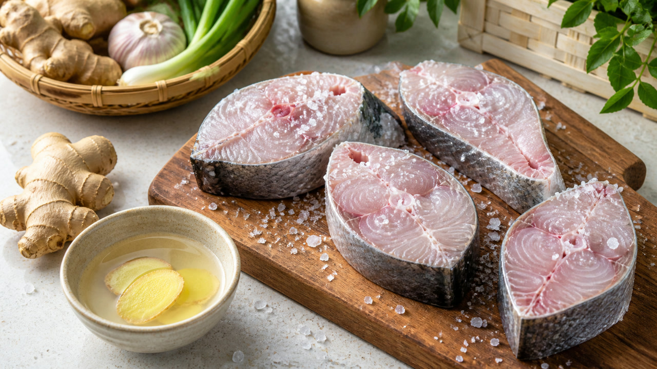 Khúc cá được xát muối hạt trên thớt gỗ cạnh chén rượu gừng. Ảnh minh hoạ do AI tạo.