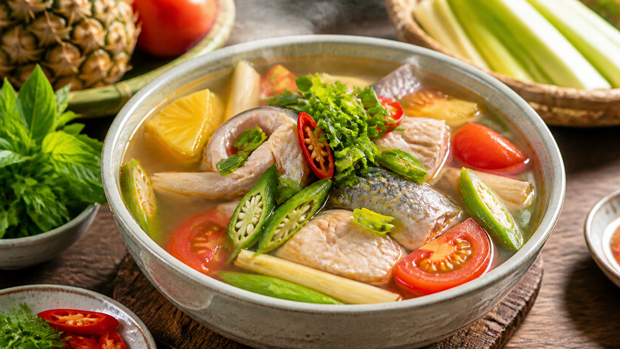 Tô canh chua cá nước trong màu hổ phách, đậu bắp và cà chua nổi trên mặt. Ảnh minh hoạ do AI tạo.