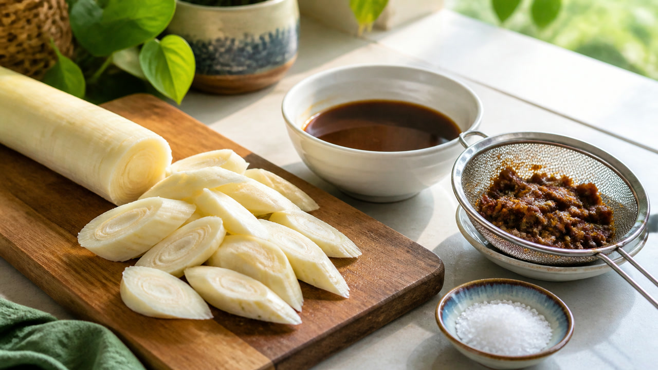 Bạc hà tước vỏ cắt khúc và bát nước cốt me lọc qua rây. Ảnh minh hoạ do AI tạo.