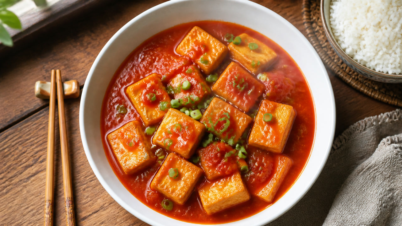 Đậu phụ sốt cà chua trong bát sứ trắng, sốt sánh đỏ, rắc hành lá. Ảnh minh hoạ do AI tạo.