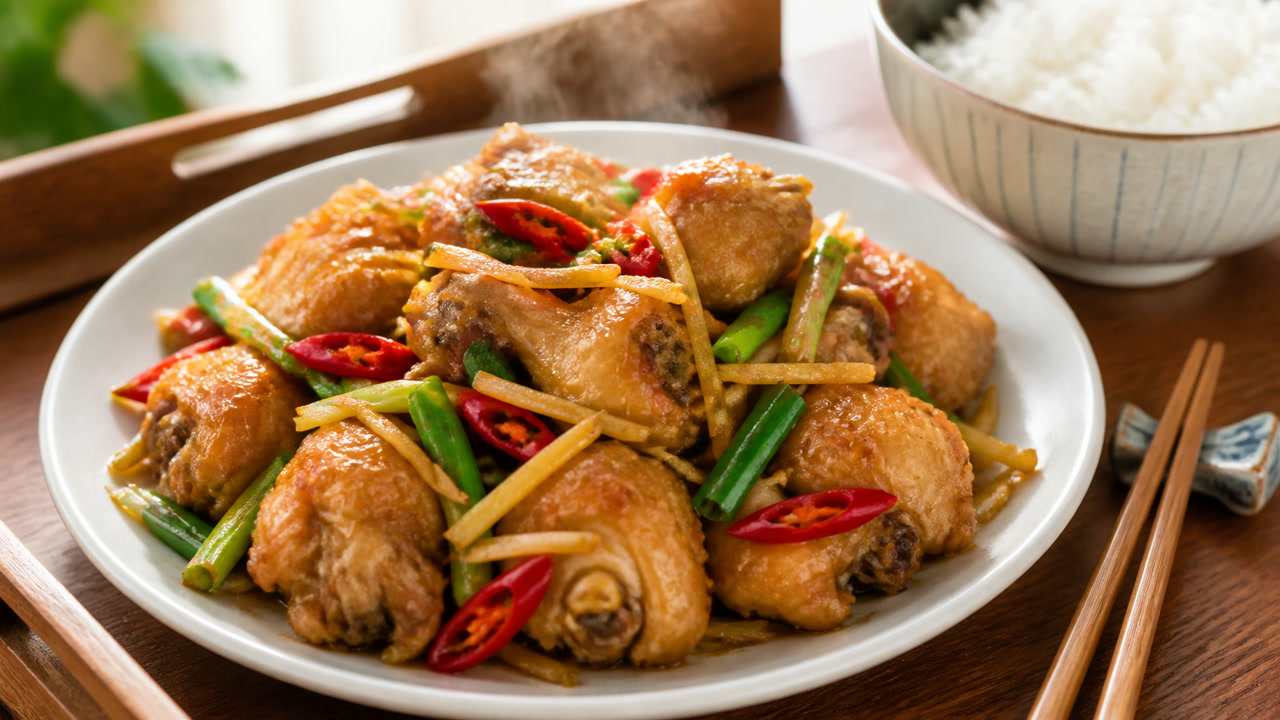 Đĩa gà rang gừng nâu bóng với sợi gừng vàng và hành lá xanh bên bát cơm trắng. Ảnh minh hoạ do AI tạo.