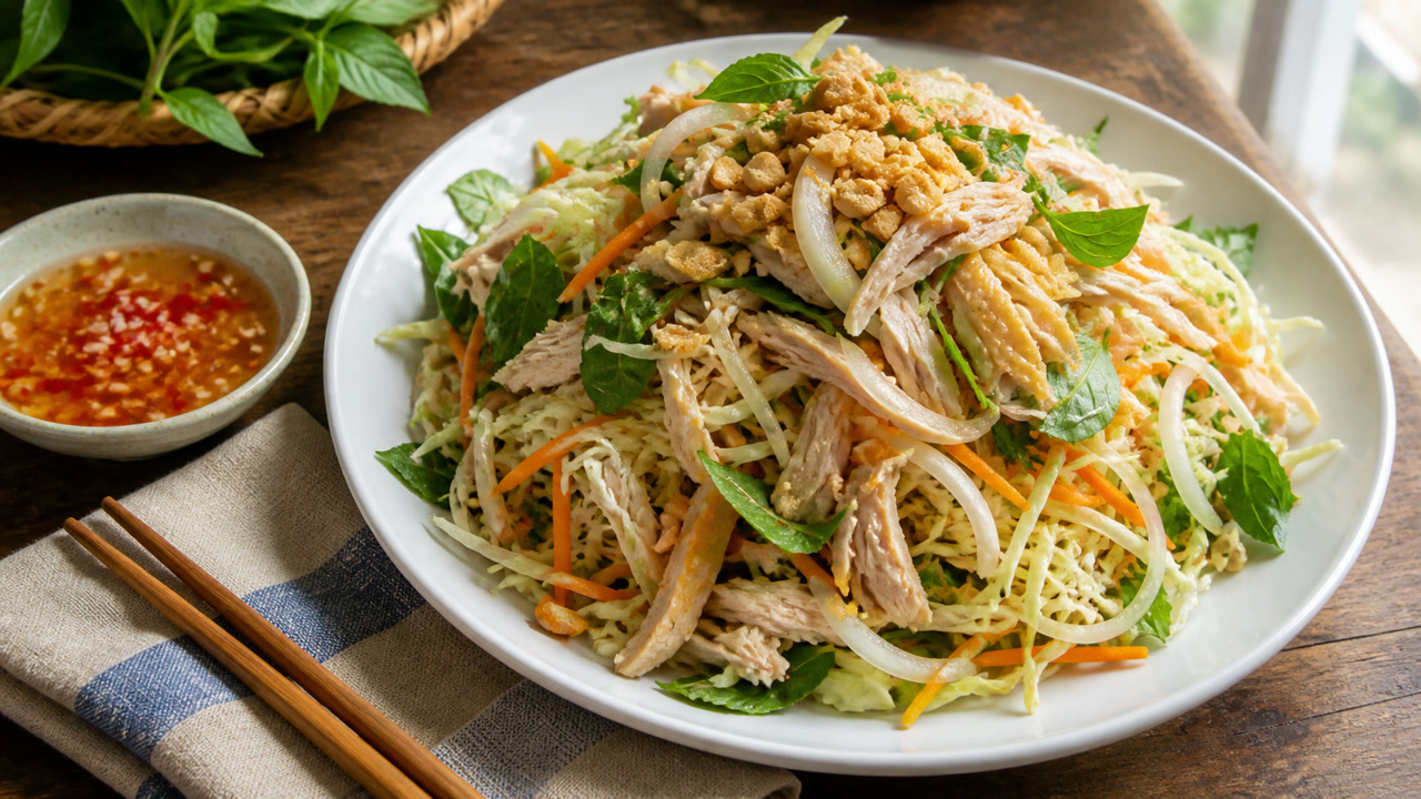 Nộm gà bắp cải giòn, để nửa tiếng không ra nước