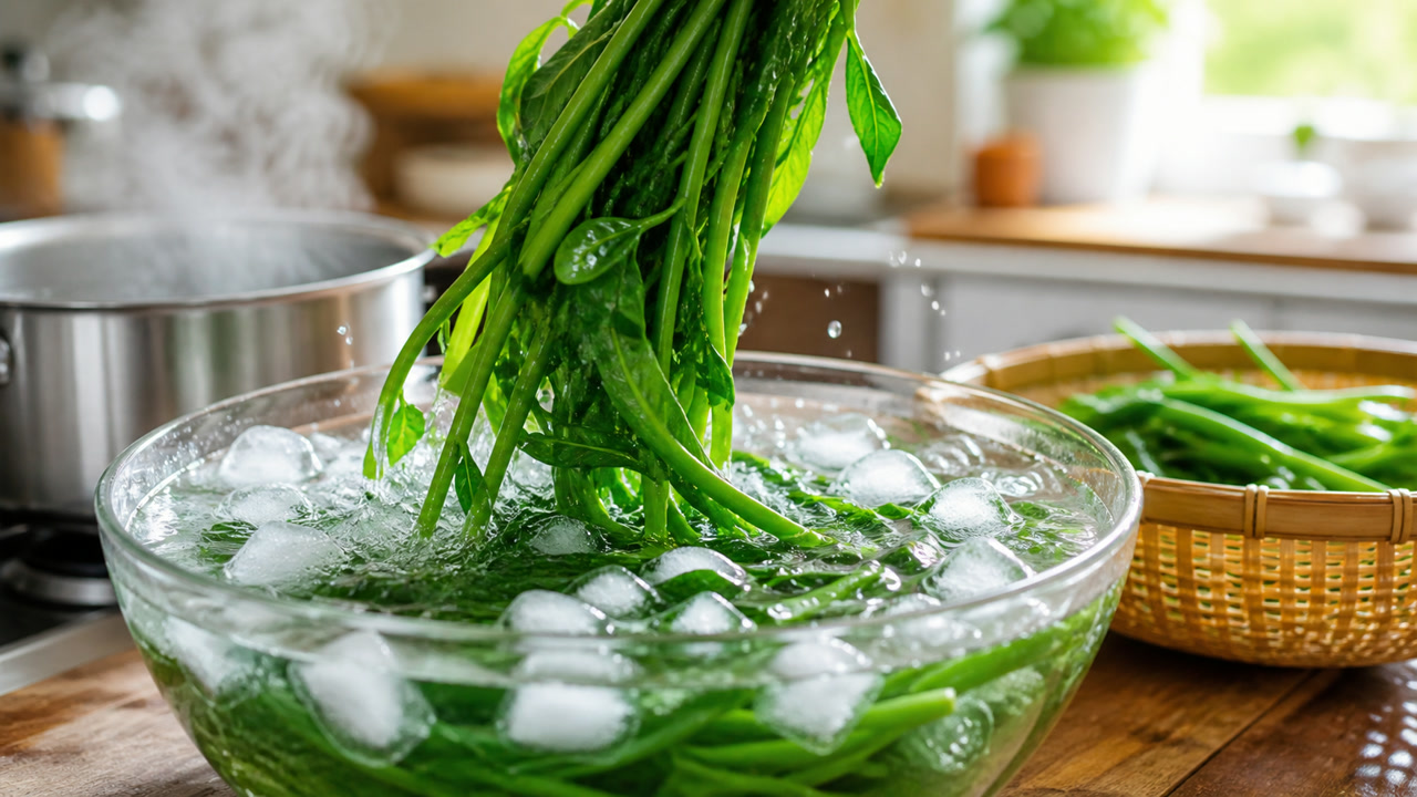 Rau muống vừa chần xong được thả vào bát nước đá lạnh. Ảnh minh hoạ do AI tạo.