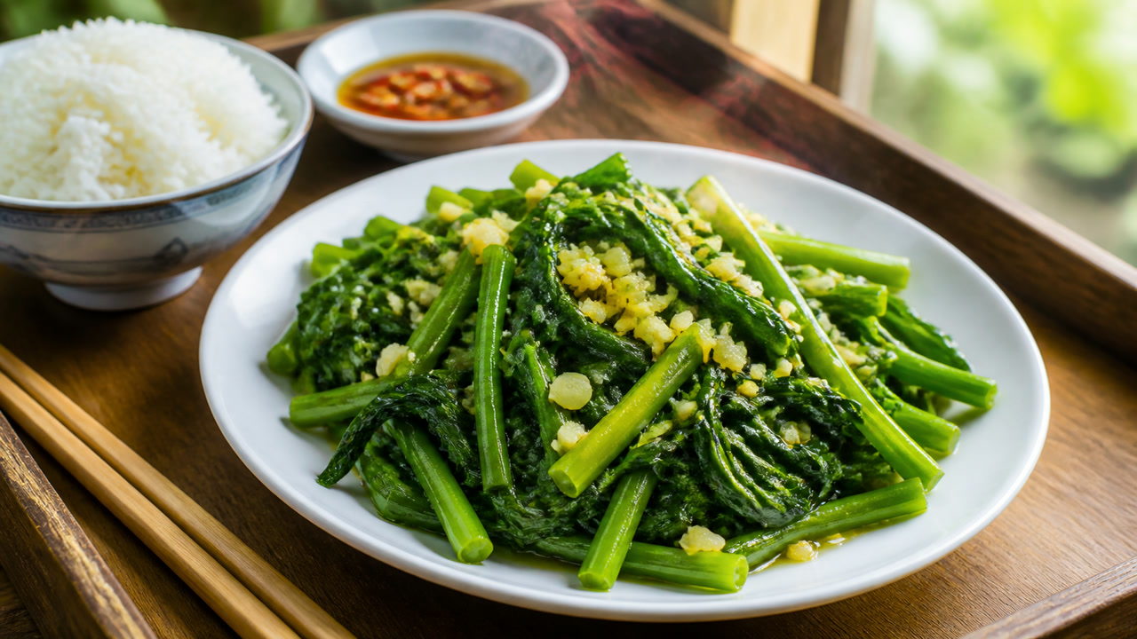 Rau muống xào tỏi xanh giòn, không ra nước