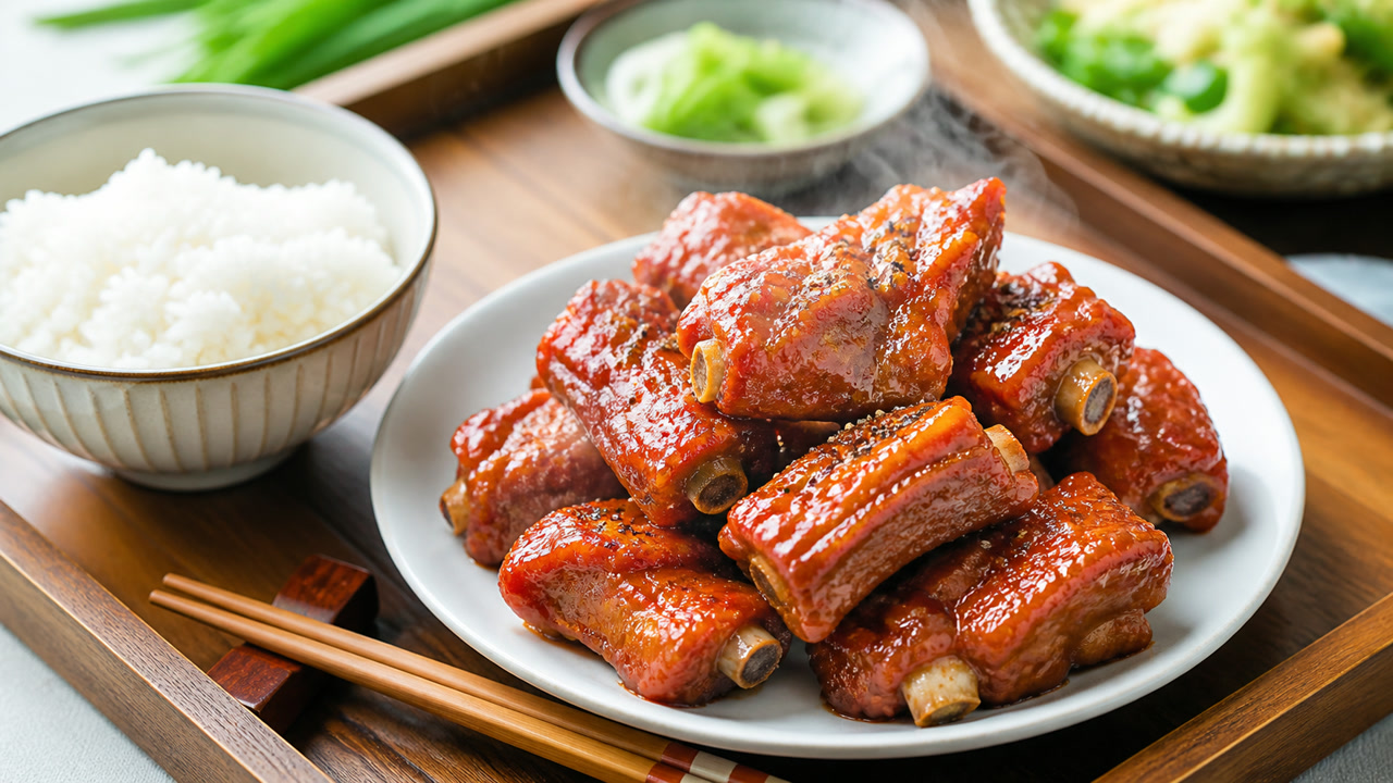 Đĩa sườn xào chua ngọt bóng sốt đỏ cam bên bát cơm trắng. Ảnh minh hoạ do AI tạo.