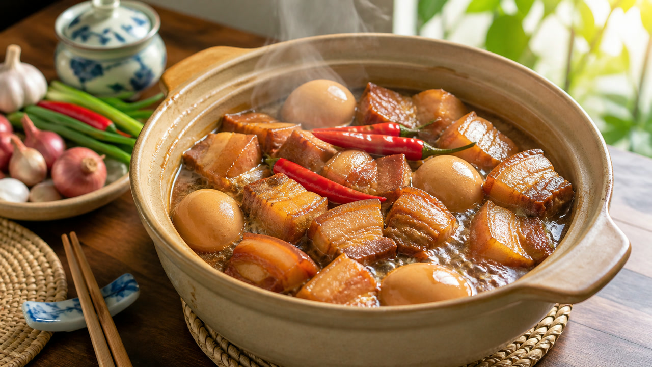 Nồi thịt kho tàu đang liu riu, nước kho trong màu hổ phách. Ảnh minh hoạ do AI tạo.