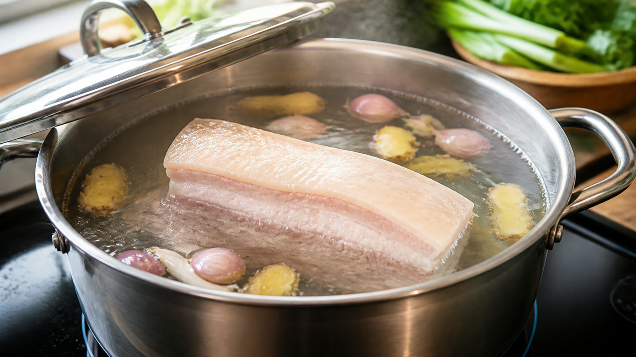 Nồi nước luộc thịt đang sôi liu riu, mặt nước chỉ lăn tăn bong bóng nhỏ, có gừng và hành tím đập dập. Ảnh minh hoạ do AI tạo.