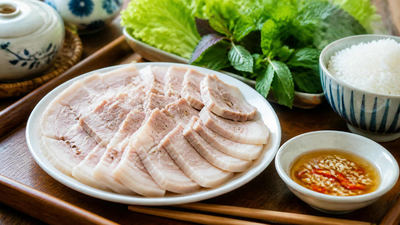 Đĩa thịt luộc thái lát mỏng trắng hồng xếp cánh quạt, bên cạnh bát nước mắm tỏi ớt và rau sống. Ảnh minh hoạ do AI tạo.