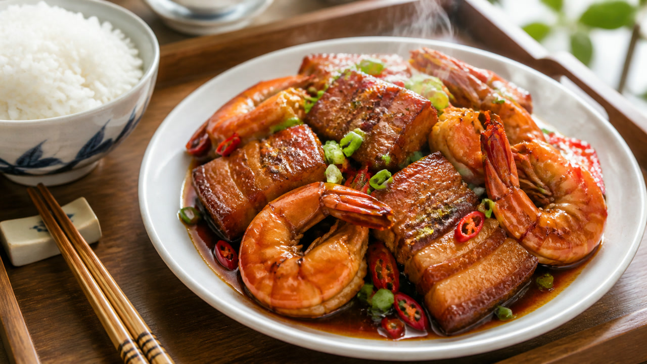Đĩa tôm rim thịt ba chỉ đỏ cam bóng nước rim sánh bên bát cơm trắng. Ảnh minh hoạ do AI tạo.