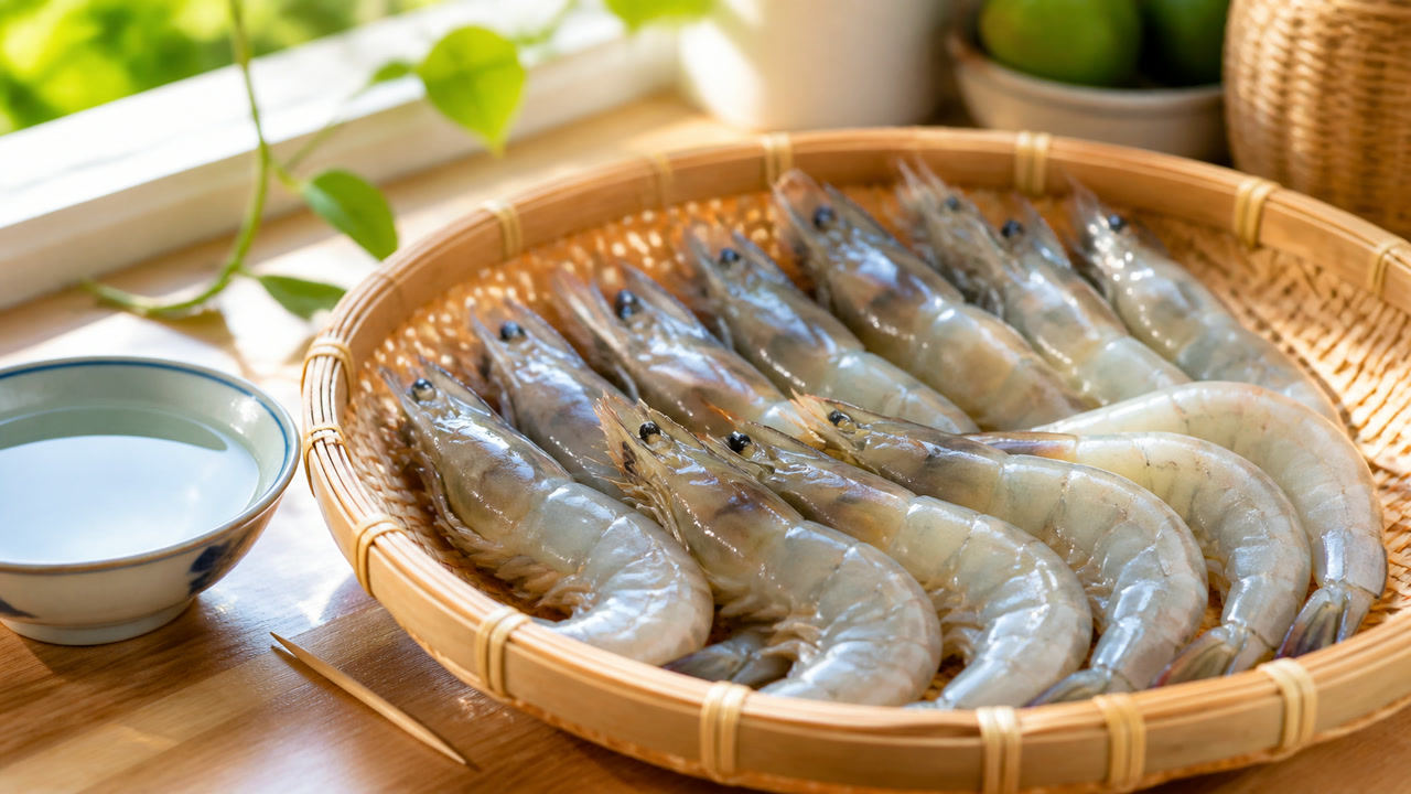 Tôm tươi đã cắt râu và rút chỉ đen, để ráo trên rổ. Ảnh minh hoạ do AI tạo.