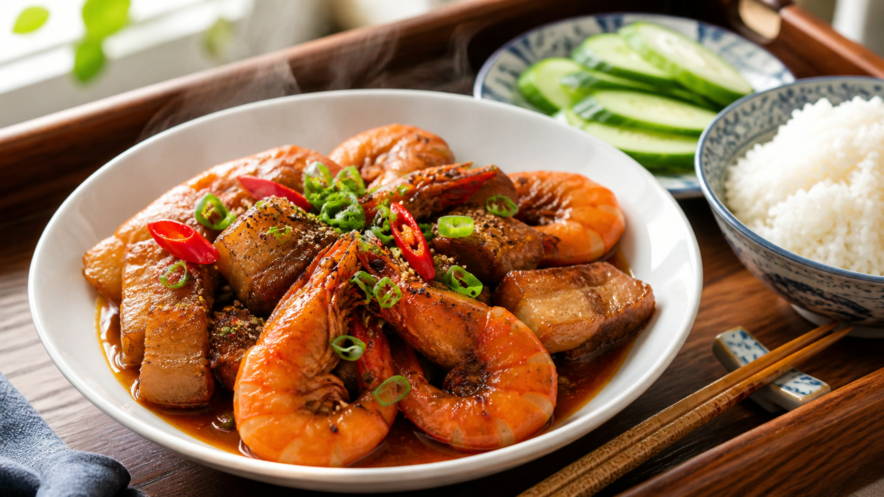 Tôm rim thịt ba chỉ, tôm không dai nước sánh