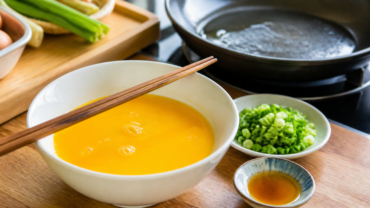 Bát trứng đã đánh tan cùng hành lá thái nhỏ, chảo dầu nóng bên cạnh. Ảnh minh hoạ do AI tạo.