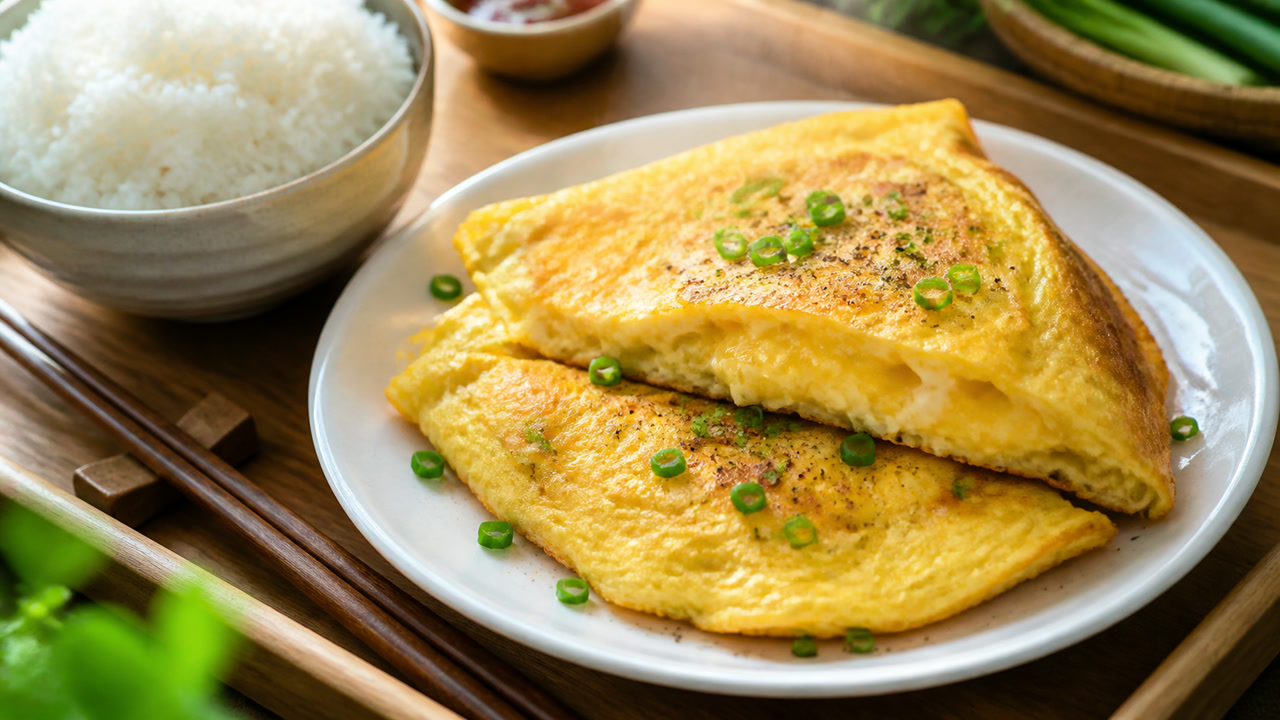 Đĩa trứng chiên nước mắm vàng ươm mềm xốp rắc hành lá, cạnh bát cơm trắng. Ảnh minh hoạ do AI tạo.